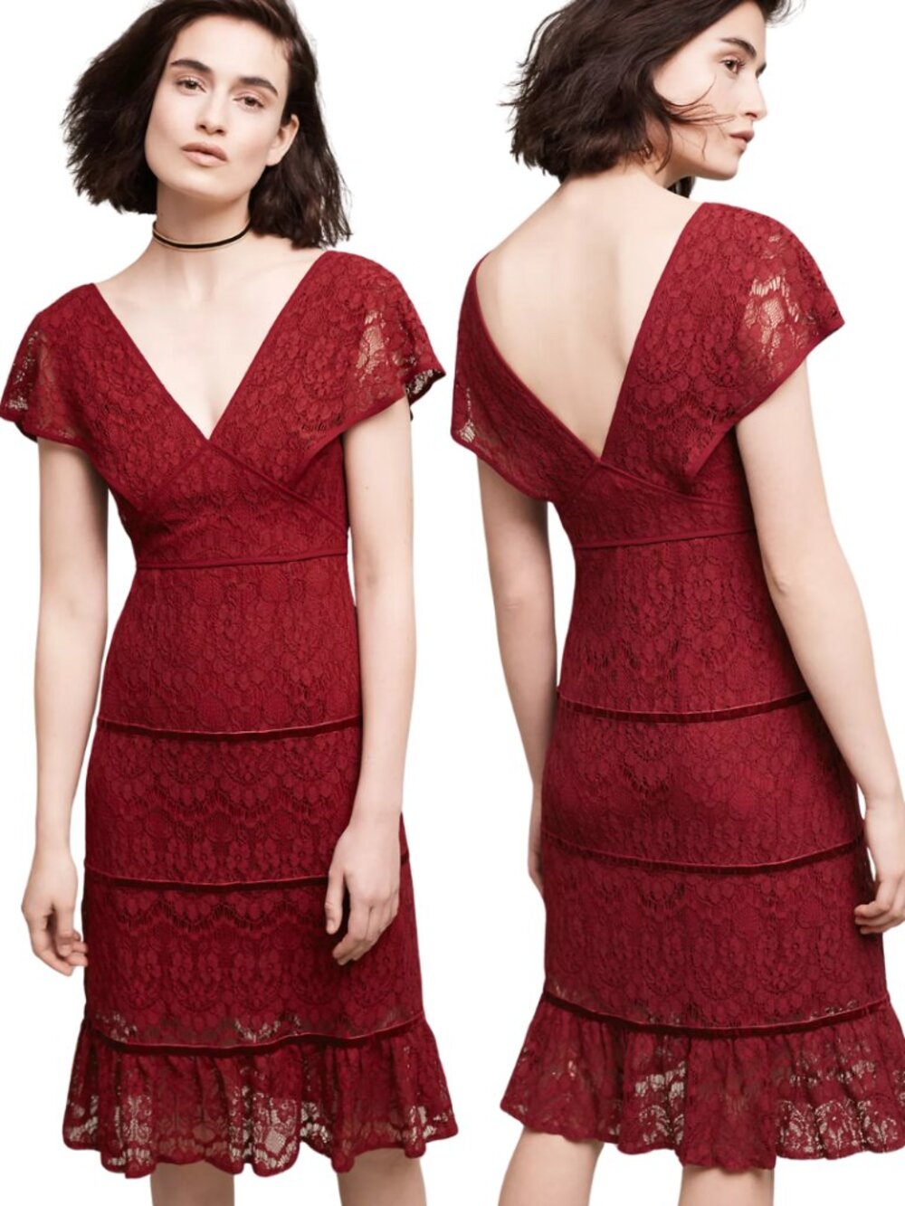 Foxiedox Anthropologie Clarinda Tiered Dress Women's Large Red Lace Formal Party